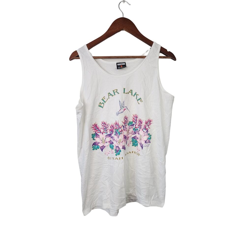 Vintage Bear Lake Shirt Flowers Hummingbird Graphic Tank Sleeveless VTG 90s L
